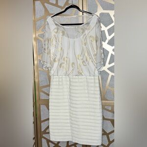 EY BOUTIQUE White & Gold Cocktail Dress Chiffon Stretch Size 12